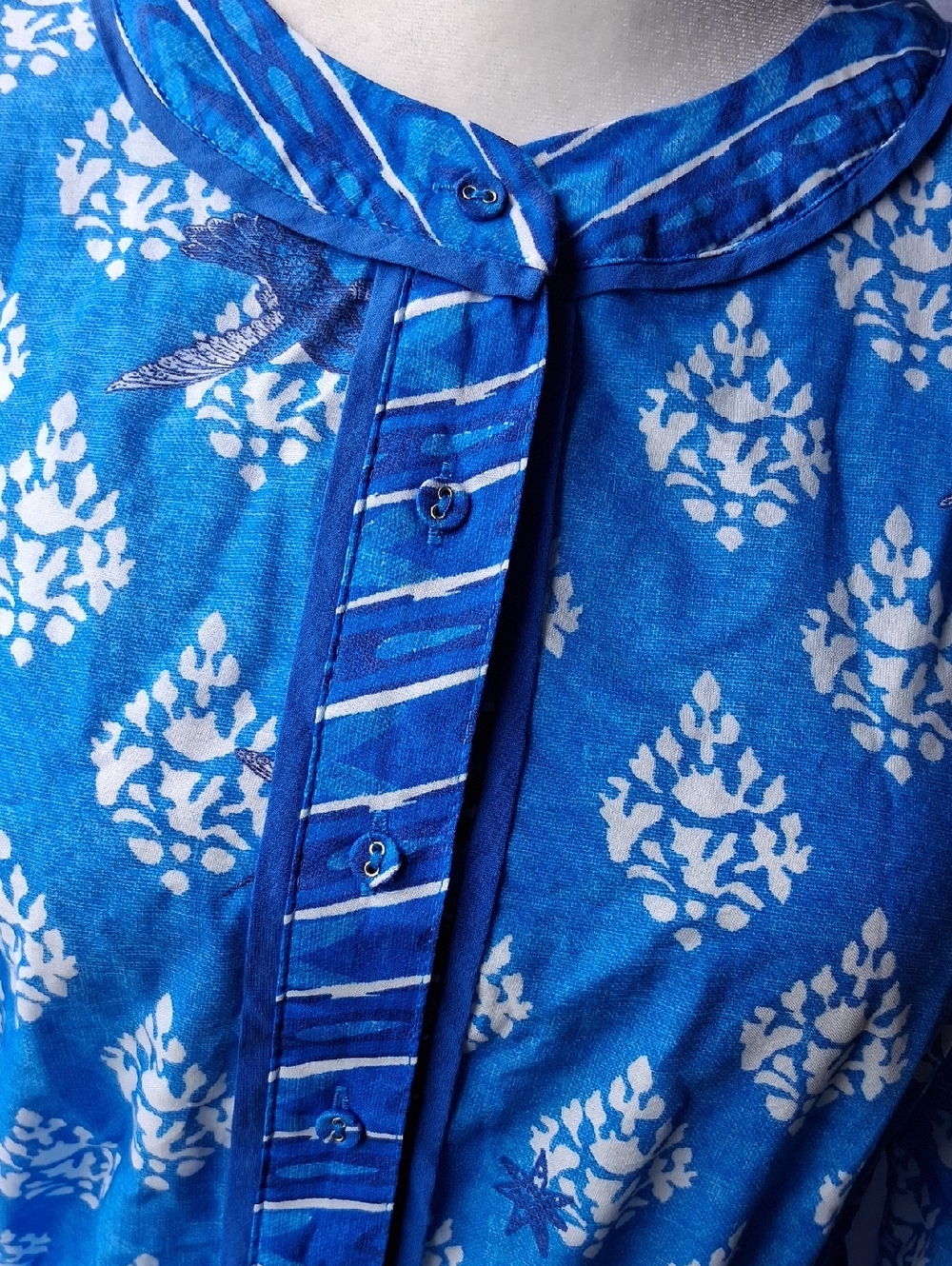 A Loves A Maxi Dress Border Print Mandarin Collar White & Blue S Crocodrile - Picture 6 of 9